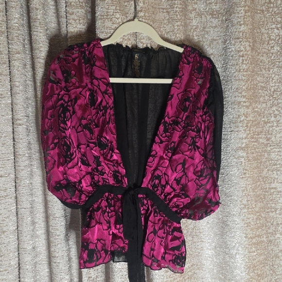 grass collection Tops - grass collection Magenta and Black Floral Sheer Tie-Front Top